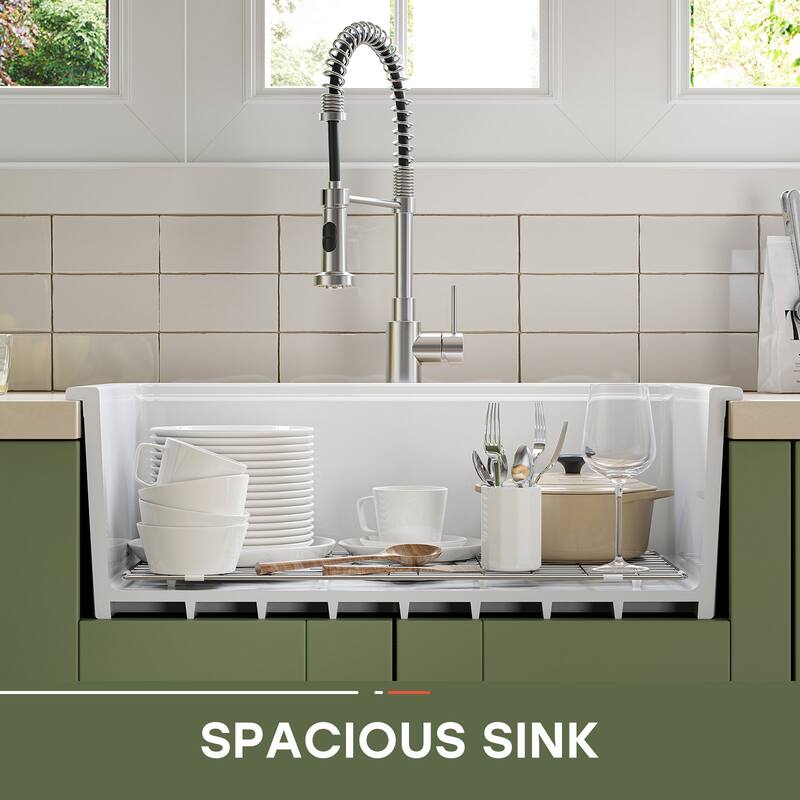 HOROW 30 in. Drop-In Single Bowl White Ceramic Kitchen Sink Standard and Bottom Grid, Drain Assembly, Cutting Board