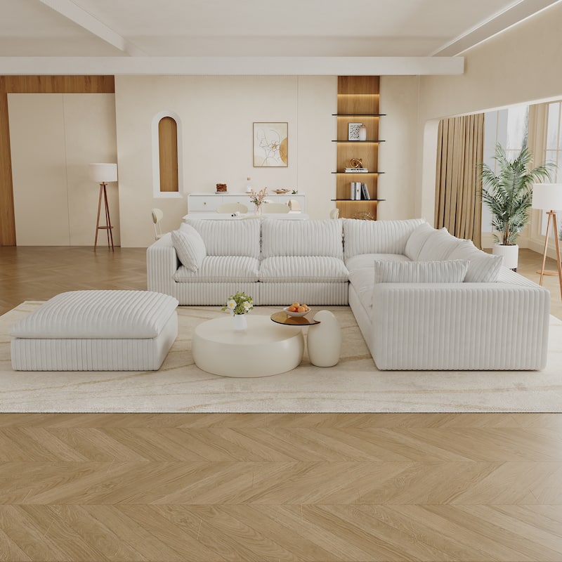Modular Deep Seat Corner Sofa Corduroy Upholstered L-shaped Sectional Couch with Ottoman and Double-layer Seat Cushions - White