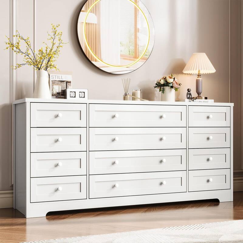 Dresser for Bedroom,Withe Long Wood Dresser with 12 Drawers,Storage Chest of Drawers with Plug-in Charging Hub - White