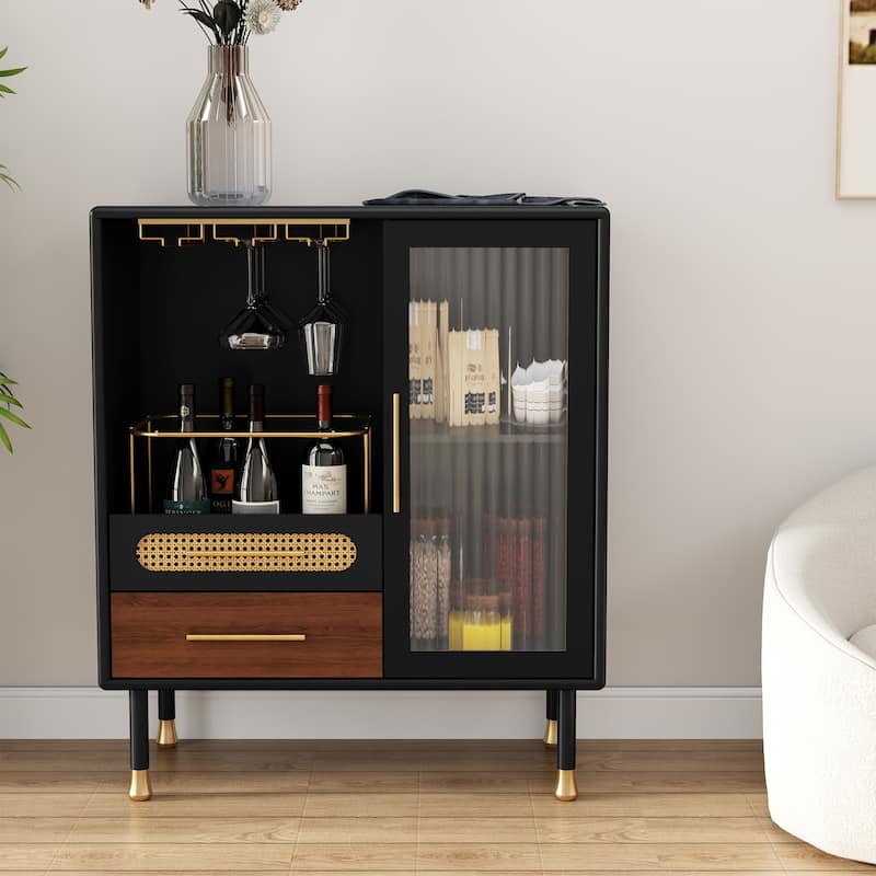 Modern Coffee Bar Cabinet with Wine Glass Rack and Storage Drawer - Black