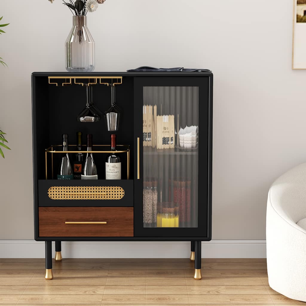 Modern Coffee Bar Cabinet with Wine Glass Rack and Storage Drawer