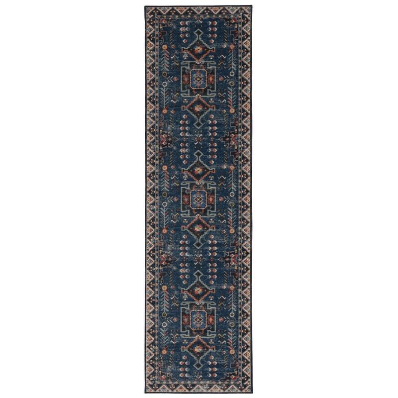 Larson Machine Washable Teal & Ivory Area Rug - 2' x 8'