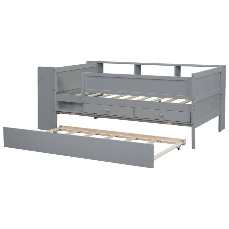 Gray Multi-Functional Twin Daybed with Headboard Storage, Drawers, Trundle