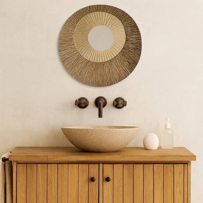 Round and Ribbed Double Layer Sandstone Wall Art, Set of 2, Large, Brown and Beige