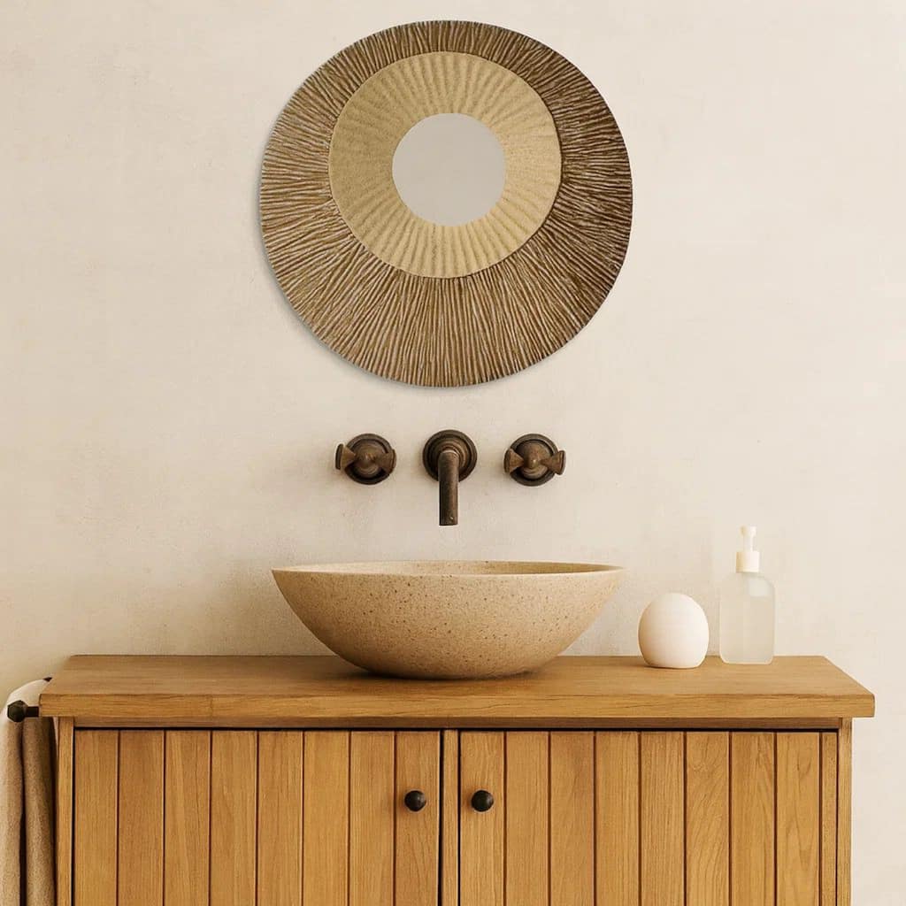 Round and Ribbed Double Layer Sandstone Wall Art, Set of 2, Large, Brown and Beige