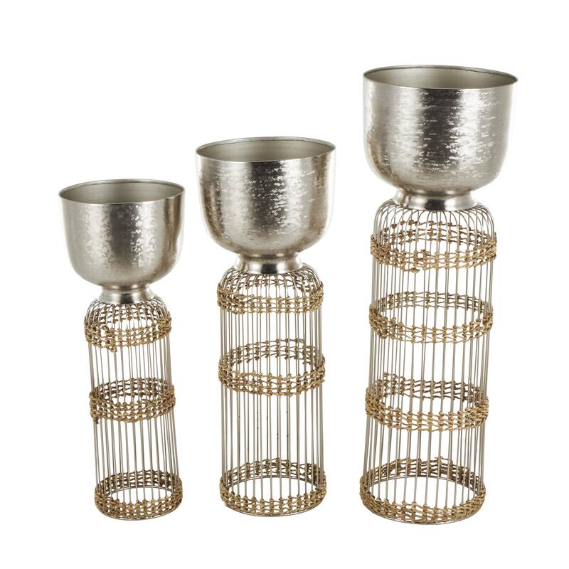 Metal Textured Dome Indoor Planter with Woven Seagrass or Rattan and Cage Rod Base - Set of 3 Gold or Silver - Roche River Decor