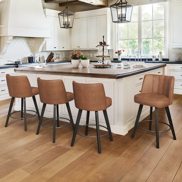 slide 2 of 55, 26.in Swivel Bar stool PU Leather/Fabric Upholstered Counter Stool, High Back Armless Stool with Wooden Legs