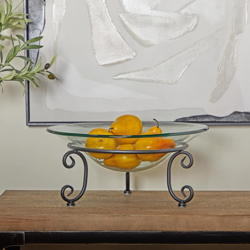 Clear Tempered Glass Kitchen Serving Bowl with Black Metal Scroll Stand