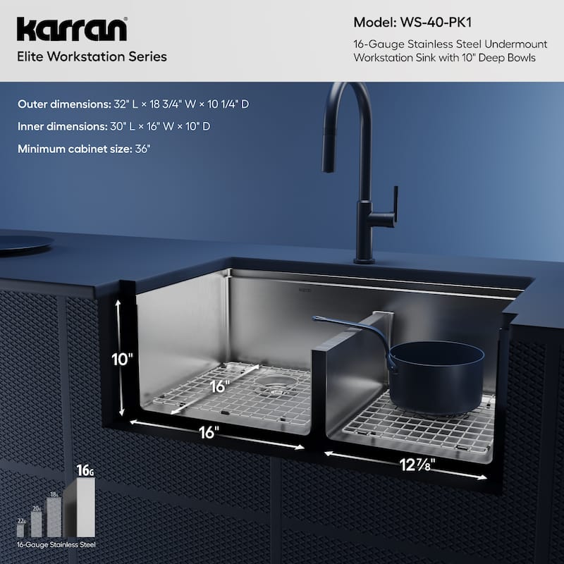 Karran 32" Undermount Double Bowl 60/40 Stainless Steel Workstation Sink