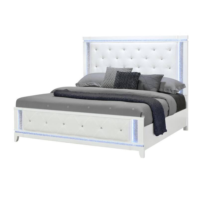 HomeRoots White Faux Crystal Bling Wood And Tufted Cotton Lighted Queen Bed Frame