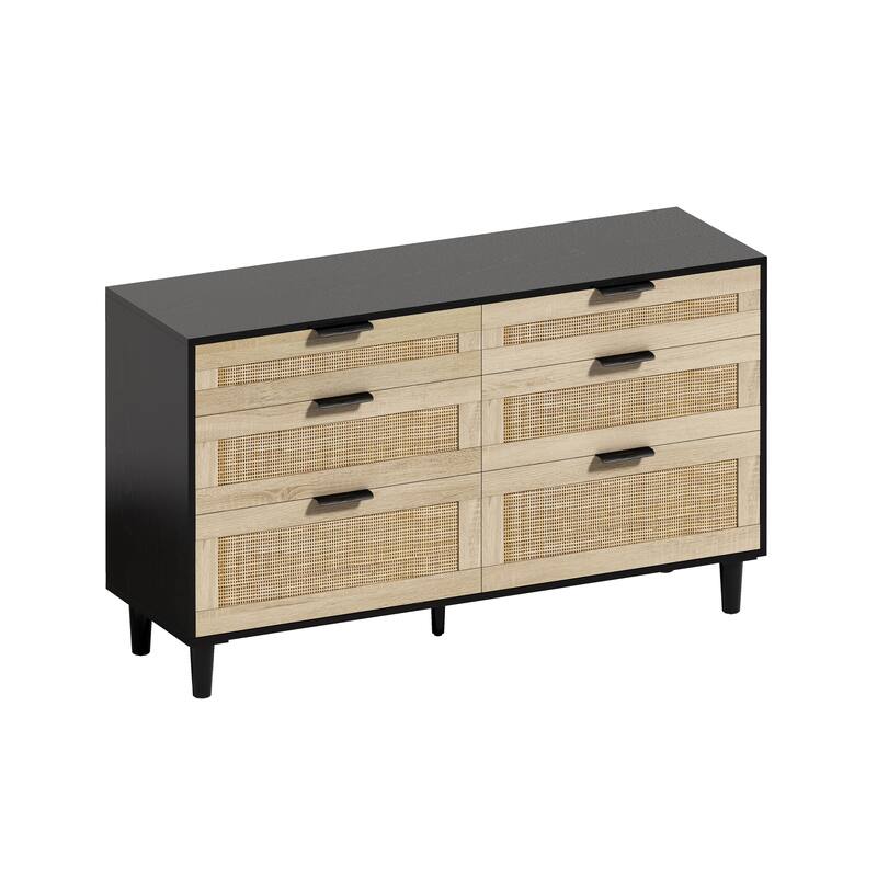Mid-Century Modern Rattan Dresser, 6-Drawer Wicker Bedroom Dresser, Storage Cabinet with Metal Handles & Wood Legs