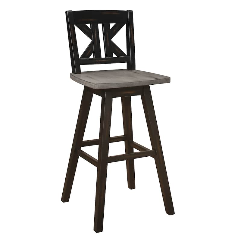 Ati 29 Inch Bar Height Stool Swivel Chairs Set of 2, X Back, Distressed Gray, Black