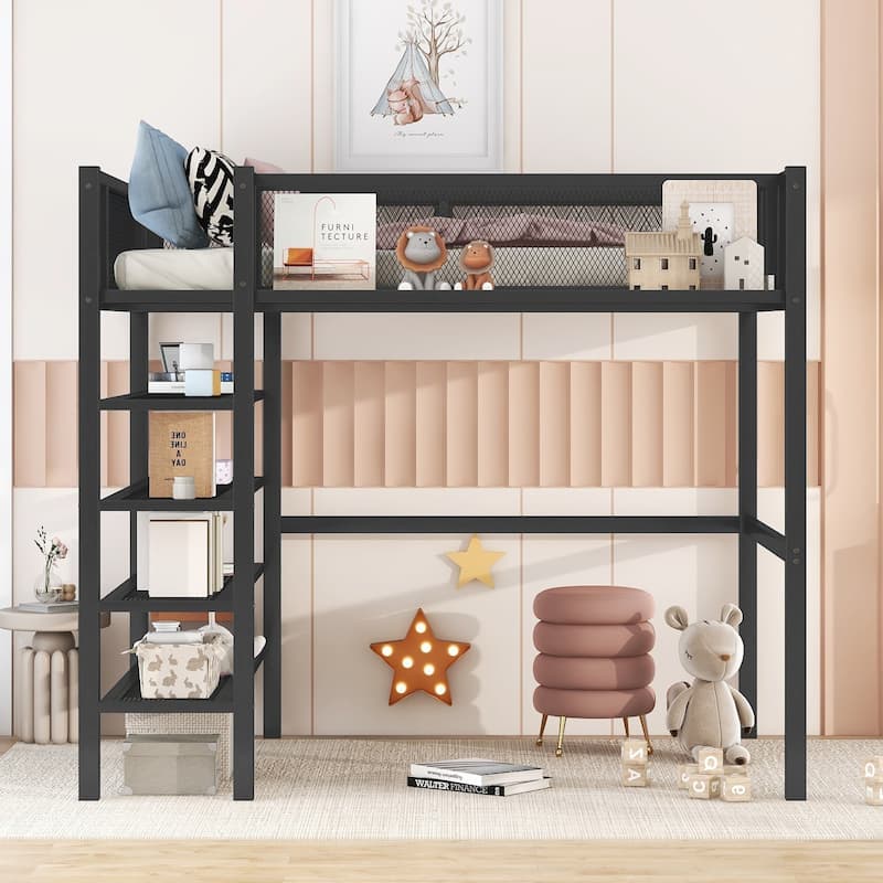 Metal Loft Bed with Shelves, Workstation, Guardrail