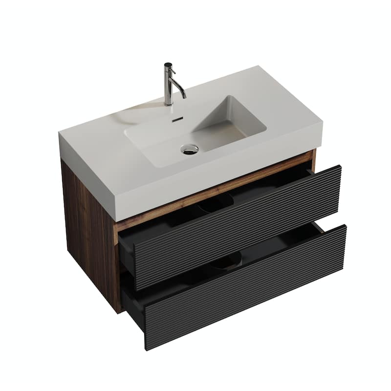 36" Walnut Bathroom Vanity with Engineered Quartz Sink and Soft Black Drawers