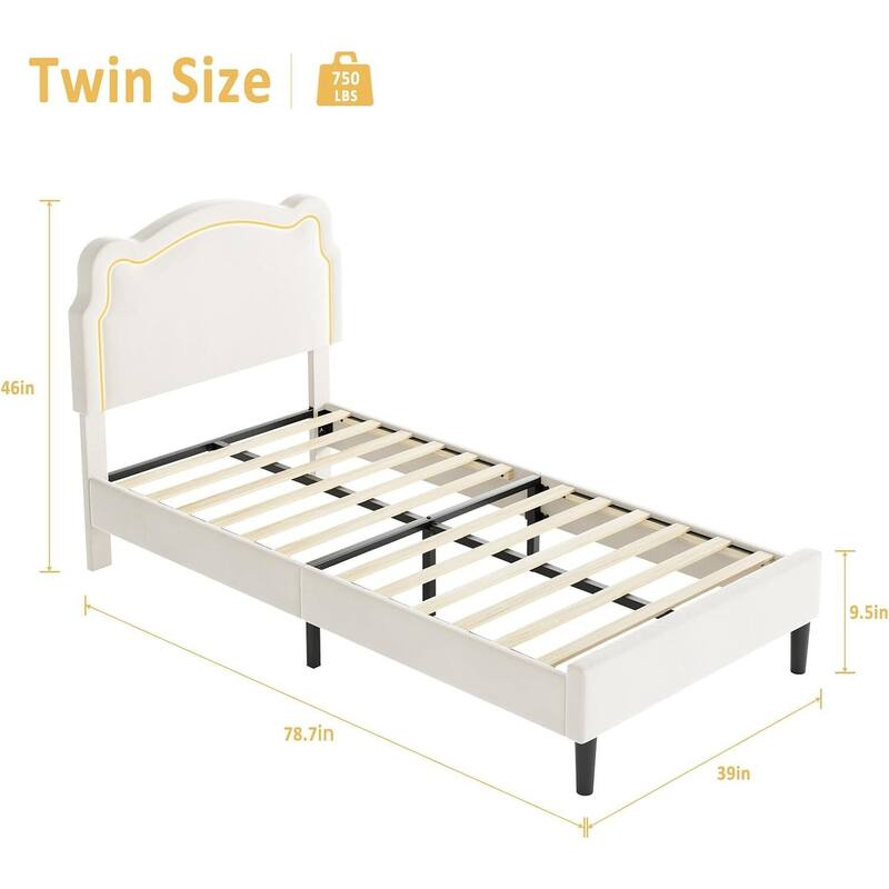 Twin Size Upholstered LED Velvet Platform Bed Frame with Bear-Shaped Headboard