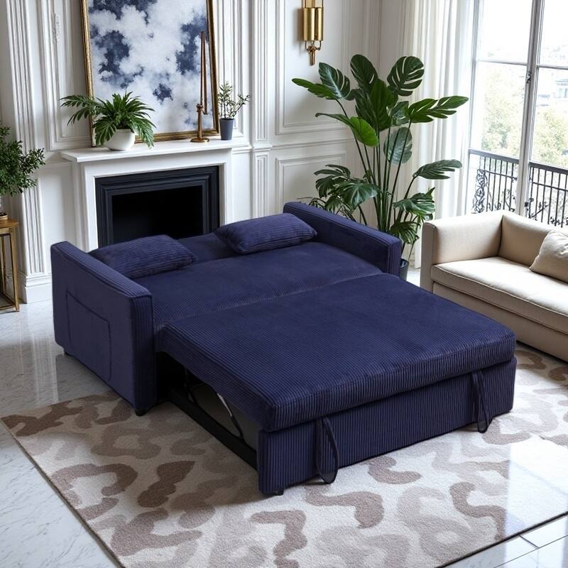 Convertible Sofa Bed 3-in-1 Sleeper Sofa Pull-Out Bed with Adjustable Backrest and Pillows, Corduroy Loveseat for Living Room