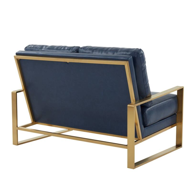 Jefferson Modern Leather Loveseat Gold with Gold Metal Base, Cushion Seating, Pocket Springs, and Protective Floor Pads - 53.1