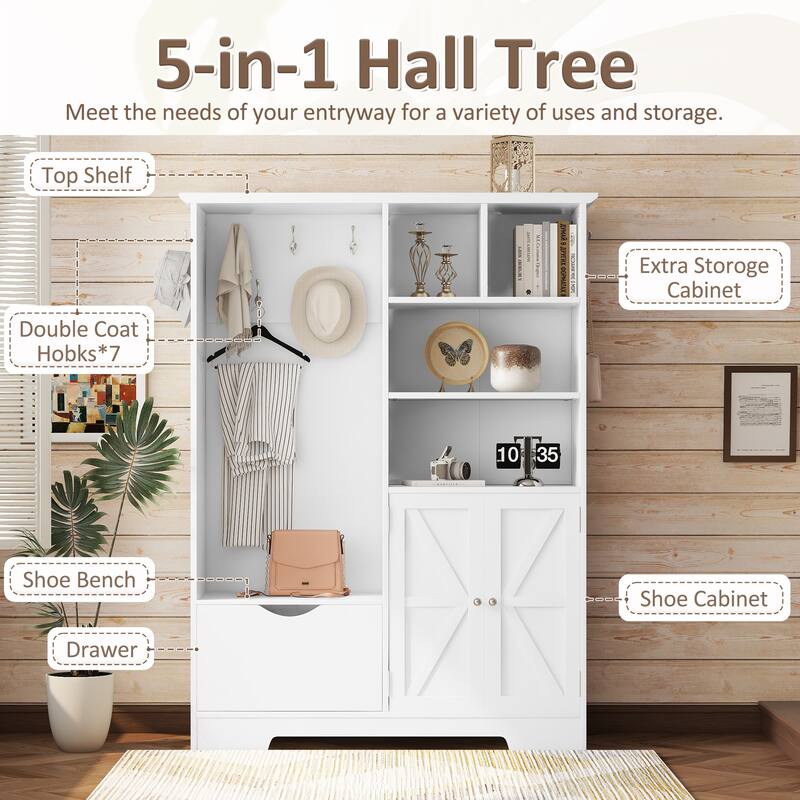 Elegant Hall Tree Hallway Shoe Cabinet with Storage Bench, Shelves, Drawers, and Coat Rack for Entryway, Hallway Organizer
