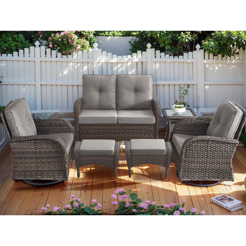 Outdoor Glider Sofa with Swivel Chairs Ottoamns - Brown - Grey