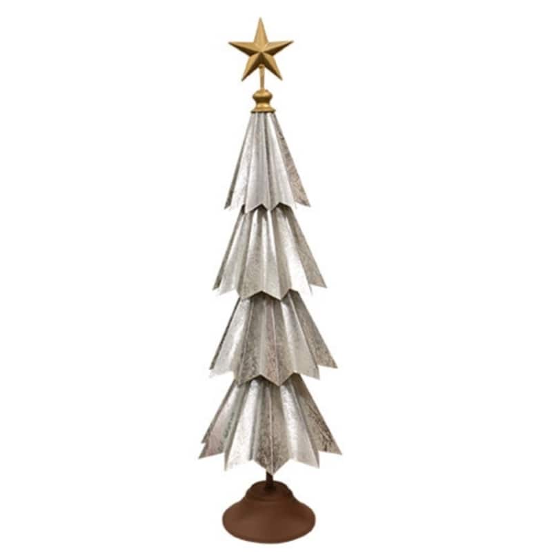 Farmhouse Style Distressed Metal Christmas Tree Accent with Antique Star on Brown Base - Silver-51.5"H