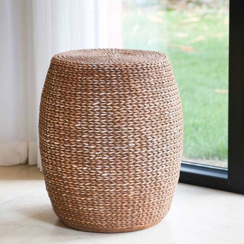 Roomfitters Nydia Outdoor Drum Shaped Side Table with Woven Straw Texture, Weather Resistant MGO, Brown
