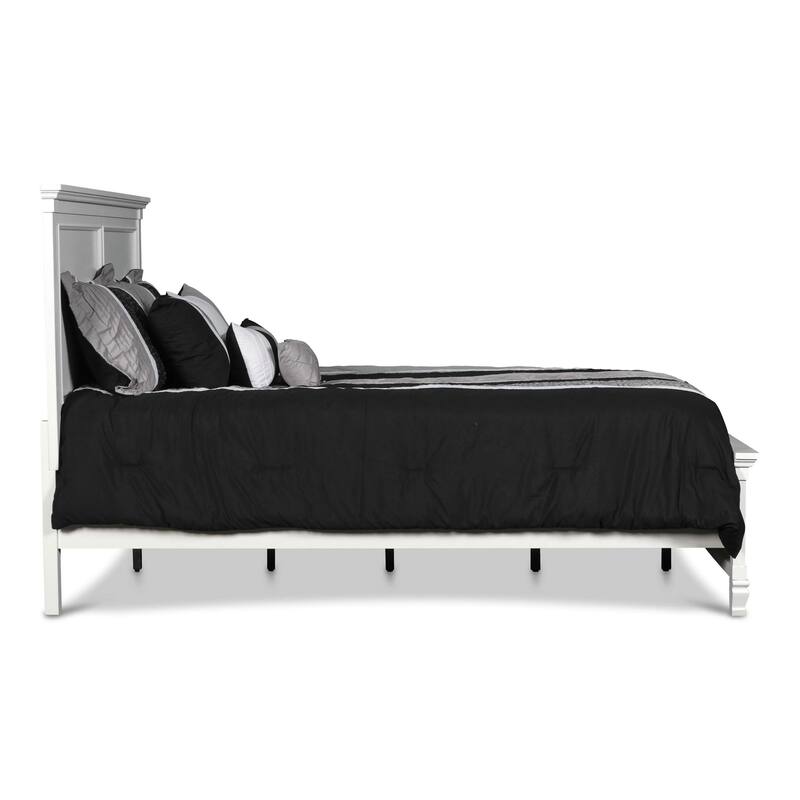 Umi Queen Size Bed, Classic Panel Design with Molded Details, White Wood