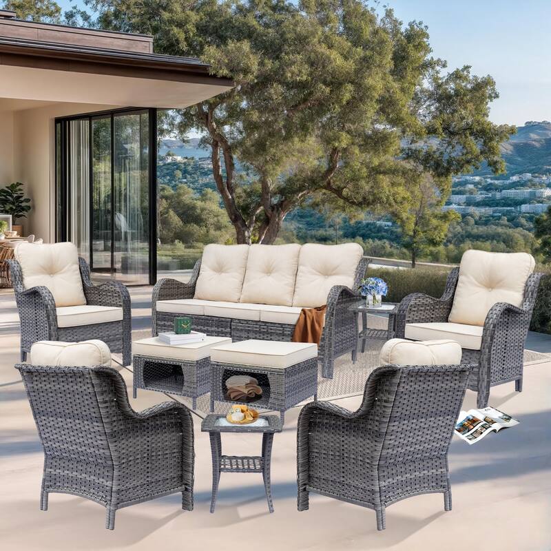 9 Piece Outdoor Patio Conversation Wicker Furniture Sofa Seating Sets - Beige-Gray Rattan
