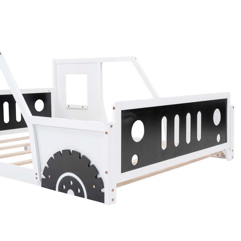 Full Size Classic Car-Shaped Wooden Platform Bed Frame with Wheels, Windows, Fun and Playful Design for Kids, for Bedroom