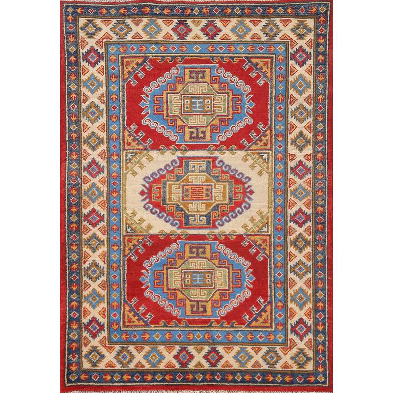 Geometric Kazak Accent Rug Handmade Oriental Wool Carpet - 2'9"x 4'2"