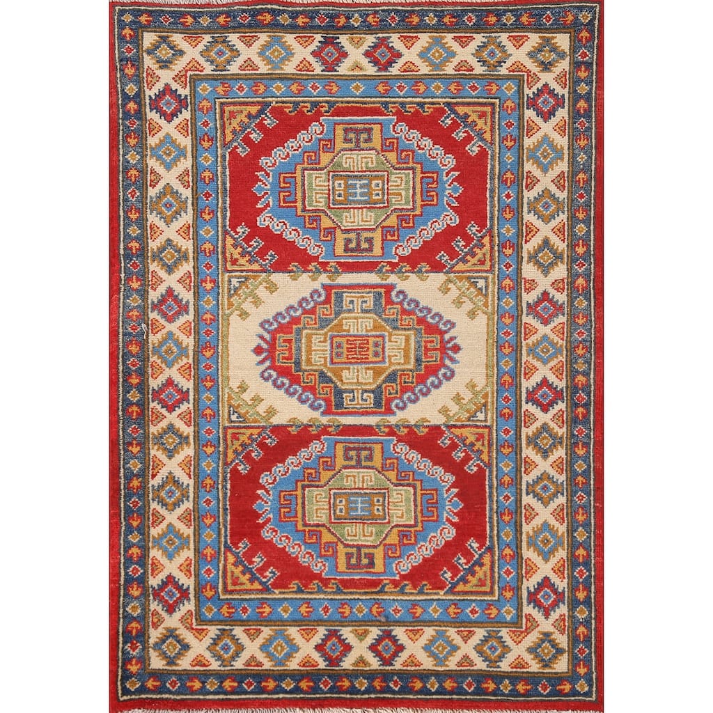 Geometric Kazak Accent Rug Handmade Oriental Wool Carpet - 2'9"x 4'2"