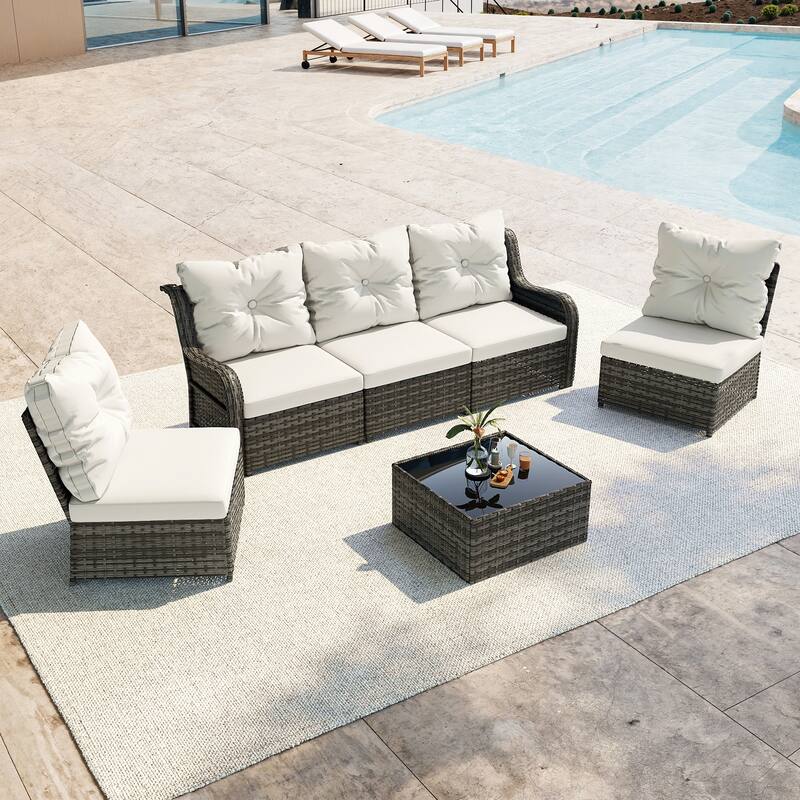 5-Person Outdoor Wicker Patio Conversation Sets with Table and Cushion