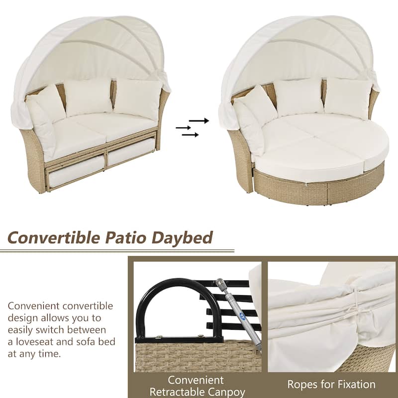 3 PCS Outdoor Patio Daybed, Daybed Round Sofa Furniture Set, with Retractable Canopy, 4 Pillows