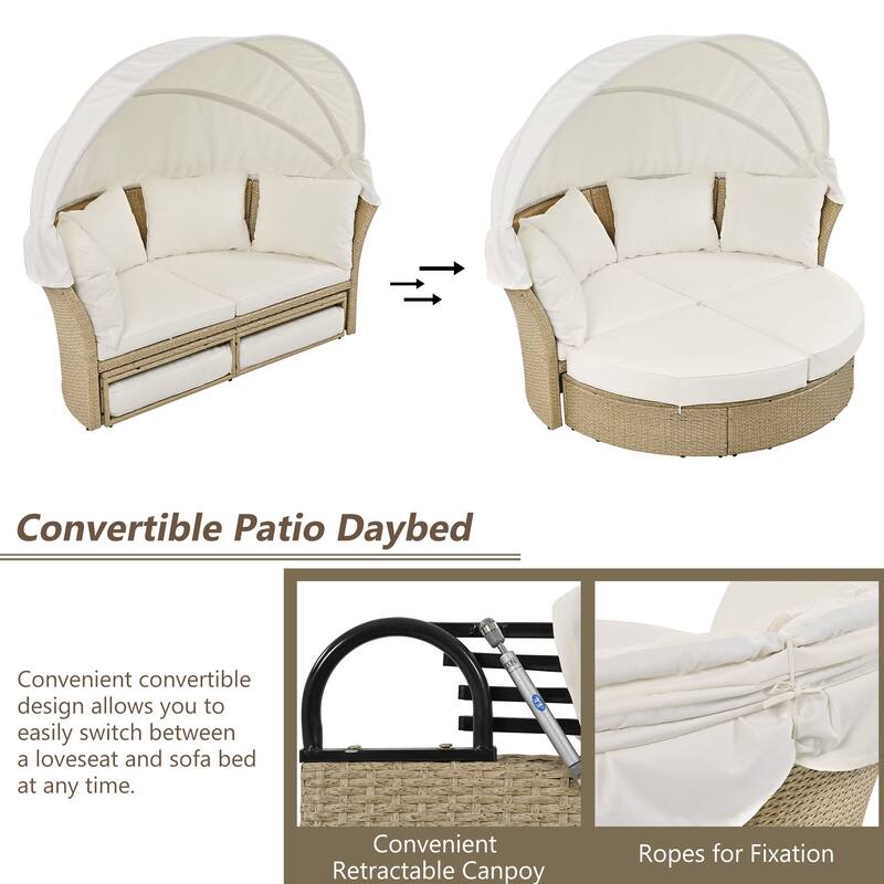 57" Outdoor Patio PE Rattan Round Daybed Sunbed with Retractable Canopy and 4 Pillows