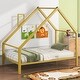 preview thumbnail 3 of 8, Gold Twin Size Metal House Platform Bed with Roof and Charming Chimney