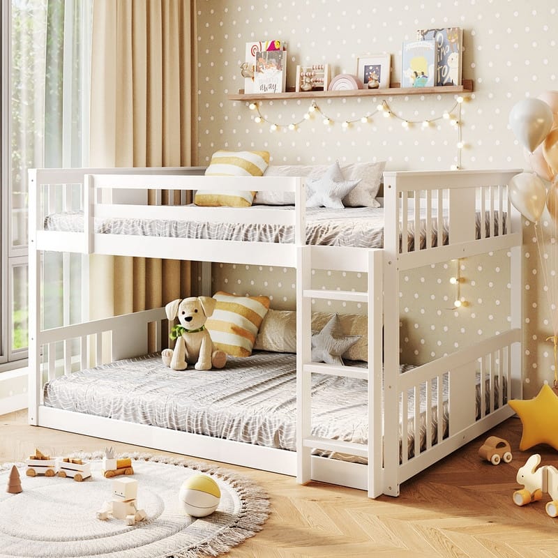 Low Bunk Beds Full Over Full Wood Bunk Bed Frame Floor Bunkbed for Kids Toddlers Boys Girls Teens' Bedroom Dorm - White