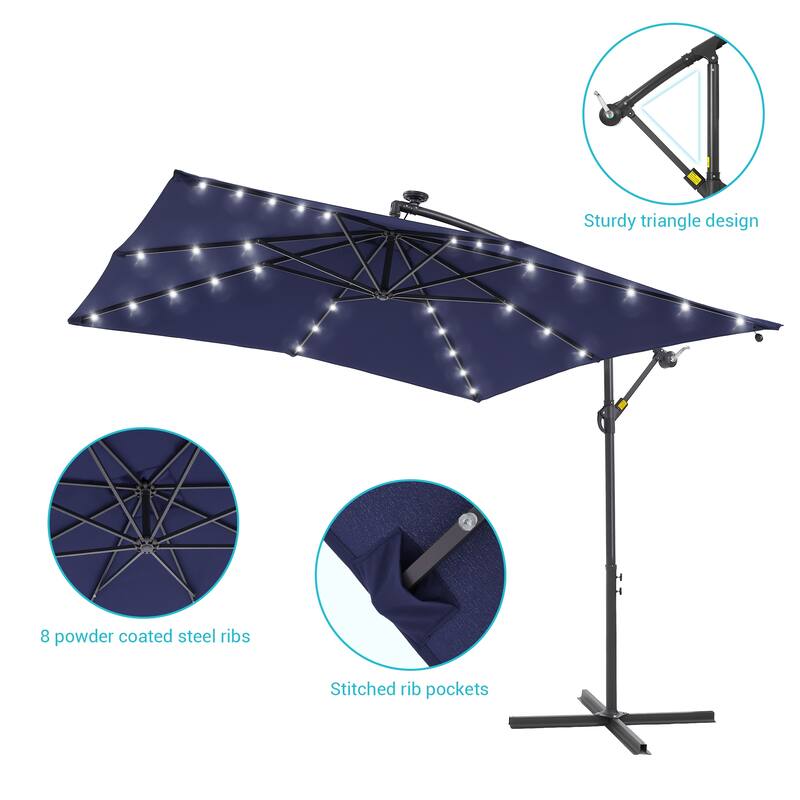 BONOSUKI Patio 8.2Ft LED Offset Umbrella,8 Steel Ribs w/Cross Base