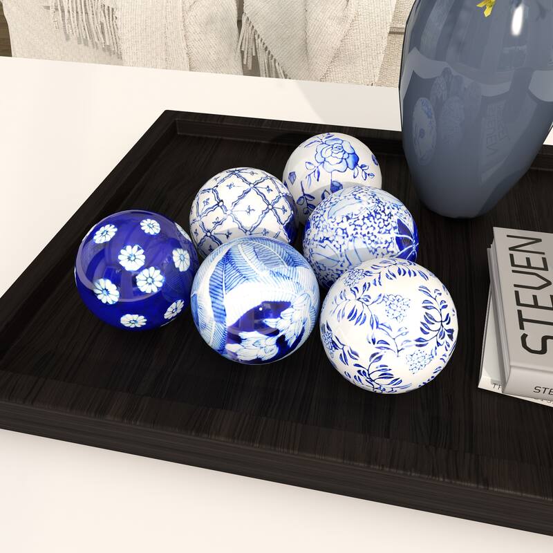 Ceramic Floral Handmade Glossy Decorative Orbs & Vase Filler with Varying Patterns - Set of 6 Black or Blue - Roche River Decor
