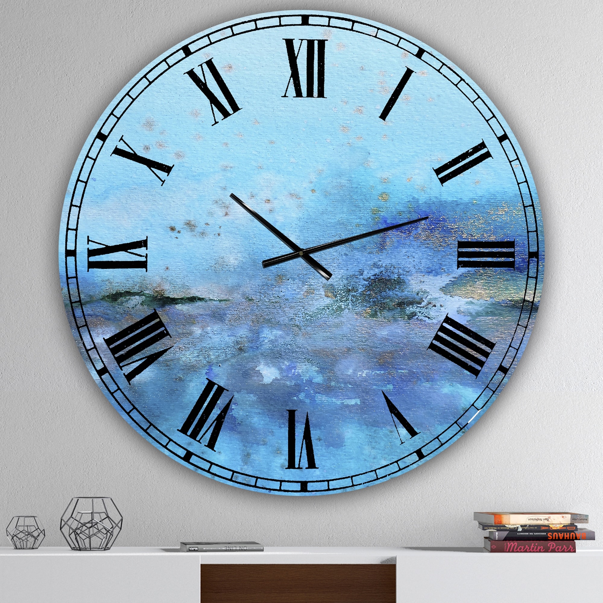 Designart 'Blue And Gold Water Impression' Large Modern Wall Clock