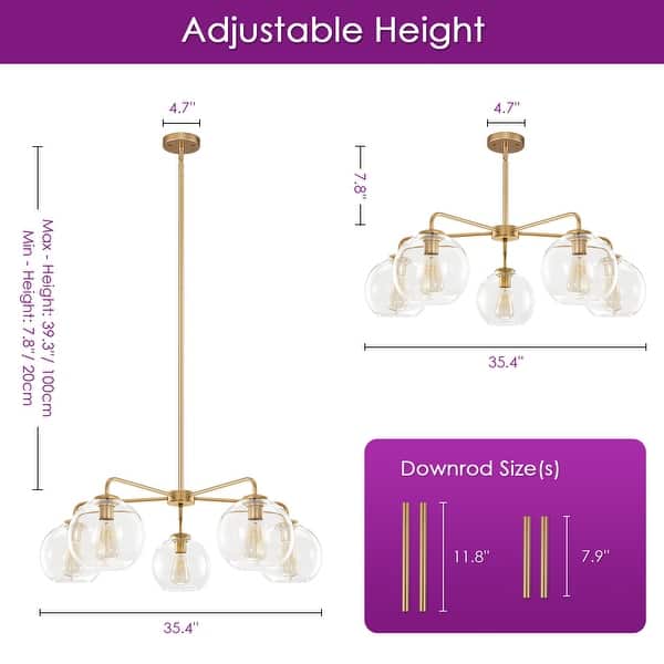 dimension image slide 1 of 4, 5-Light Modern Linear Sputnik Branch Kitchen Island Light Clear Glass Globe Bubble Chandelier for Dining Room