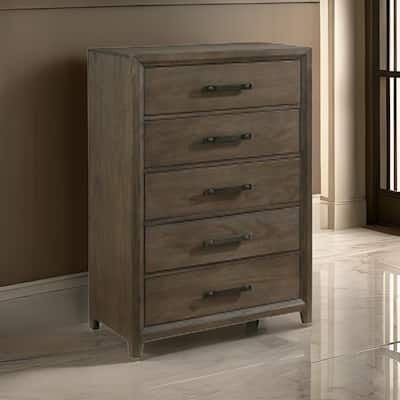 Wyn 52 Inch Tall Dresser Chest, 5 Drawers, Nickel Handles, Walnut Brown
