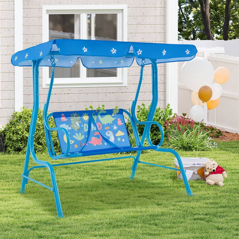 Oxford Cloth Metal Kids Swing with Adjustable Canopy and Safety Belts - 44" L x 28" W x 43.5" H