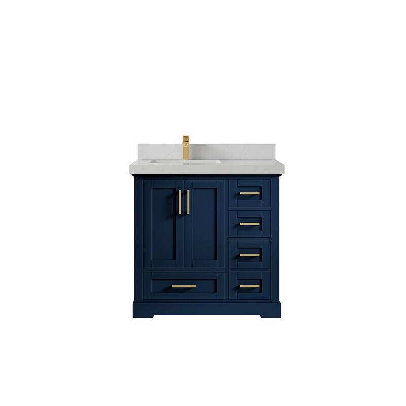 Willow Collections 36 x 22 Boston Left Offset Sink Bathroom Vanity with Quartz or Marble Countertop - 2"Carrara Quartz - Navy Blue