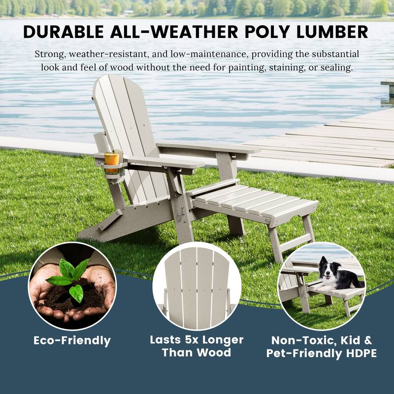 Laguna Outdoor Folding Adjustable Adirondack Chair with Cup Holder & Hideaway Ottoman