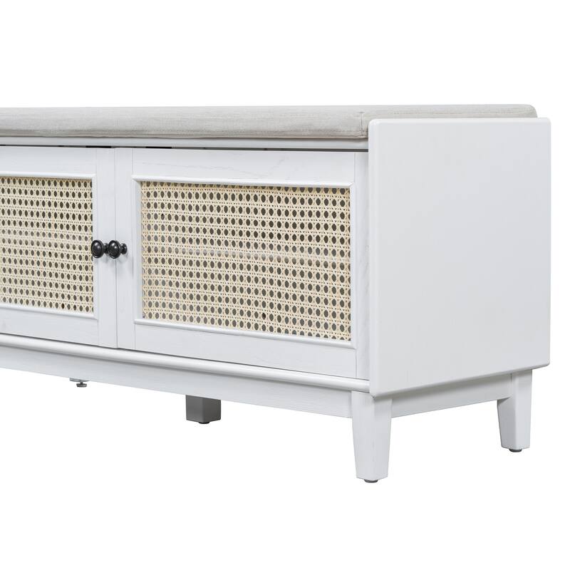 Roomfitters Entryway Storage Bench, Boho Rattan Cabinet, Hallway Organizer Seat with Cushion