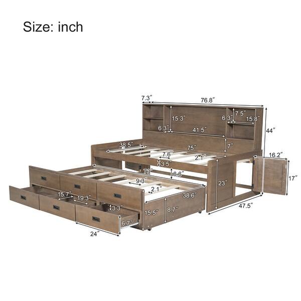 Twin Size Captain Bed wTrundle and Bookcase Headboard, Walnut Wooden Storage Daybed w3 Drawers and 2 Side Door for Guest Room