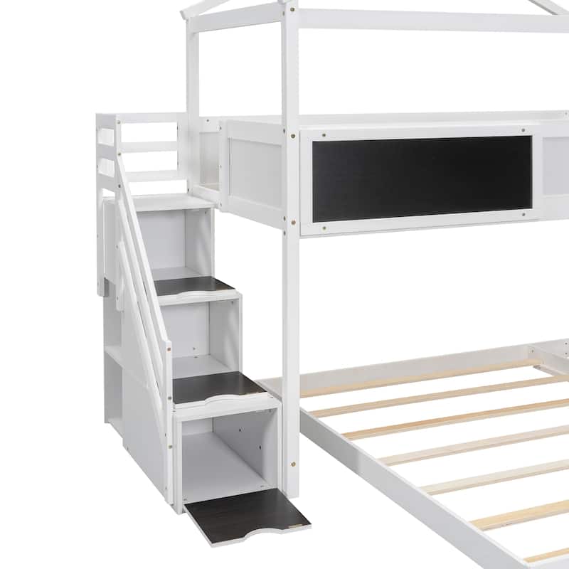 House-Shaped Twin over Full Bunk Bed with Blackboard and Storage, Gray