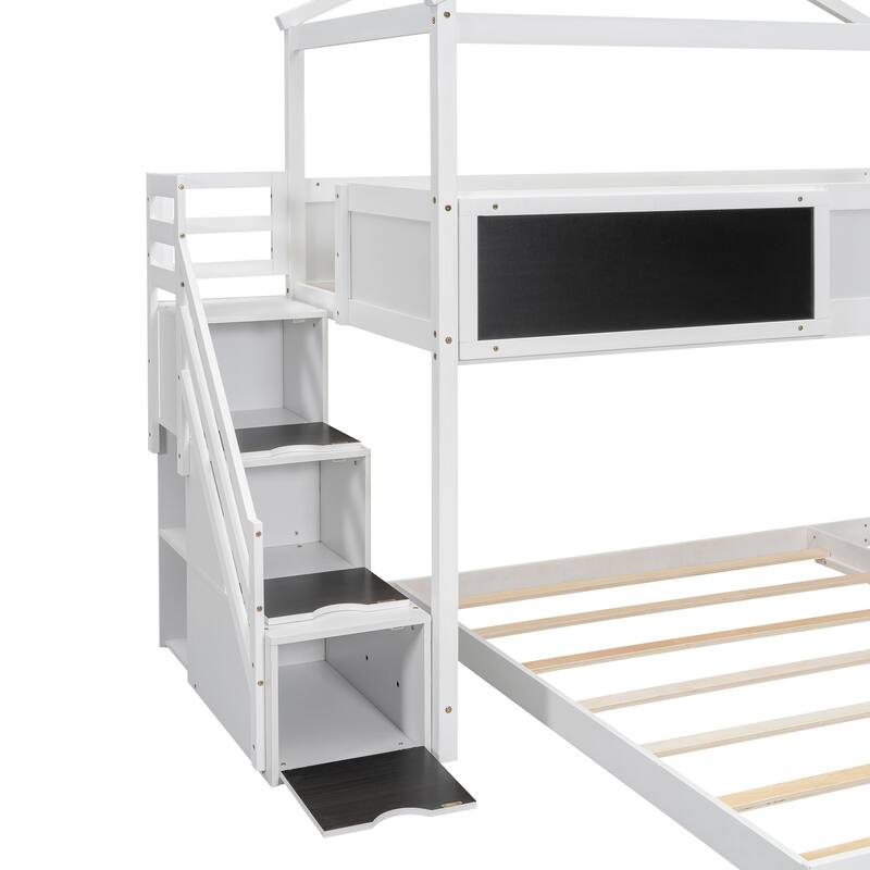 Twin Over Full Bunk Bed with Storage Staircase, Blackboard, and House Design