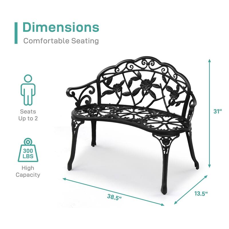 Outdoor Cast Aluminum Patio Bench with Curved Legs Rose Pattern