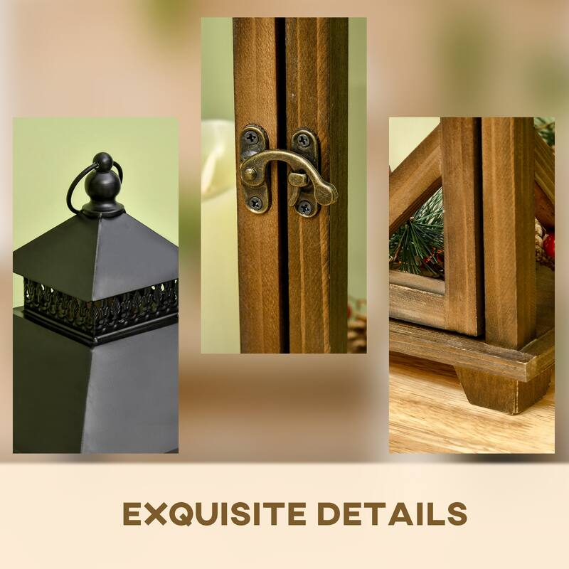 2-Piece Rustic Wooden House Shape Decorative Lantern with Metal Top for Home Decor - 11.75" L x 11.75" W x 30.5" H