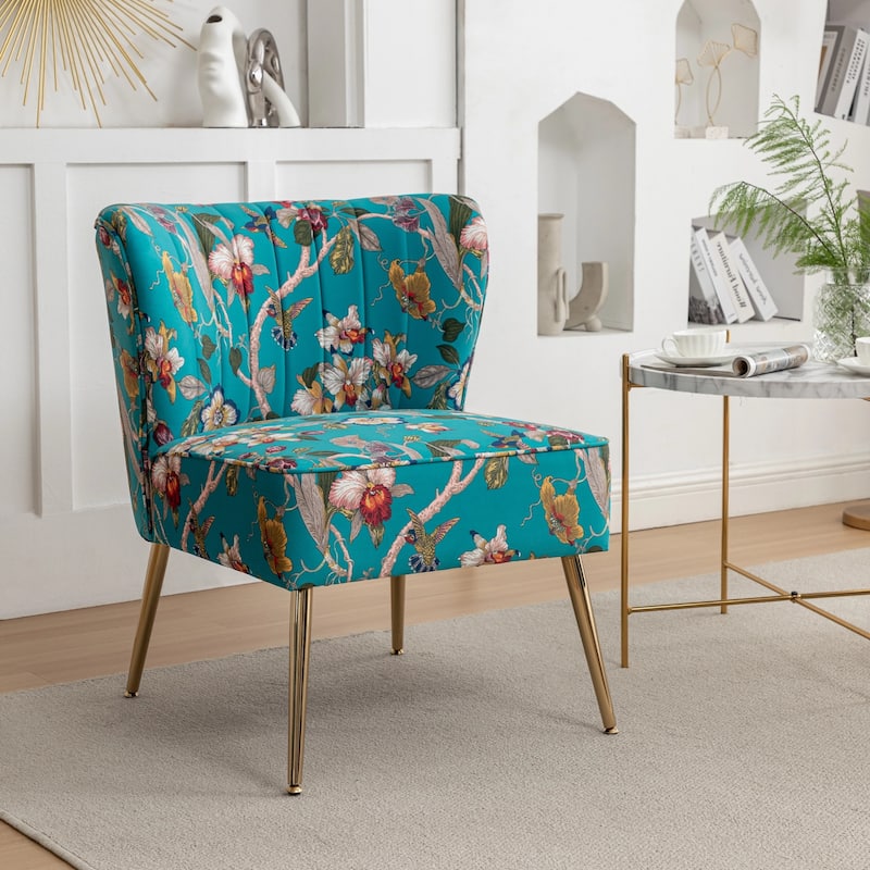 Velvet Floral Accent Chair with Gold Legs, Modern Comfy Tufted Side Chair for Living Room/Bedroom - Blue